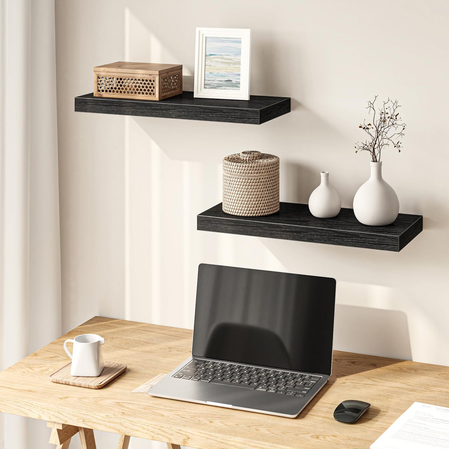 Fixwal Floating Shelves for Wall, 15.7" Wood Wall Mounted Shelves for Living Room, Bedroom, Bathroom and Kitchen, for Storage, Books, Room Decor (Black, Set of 2)