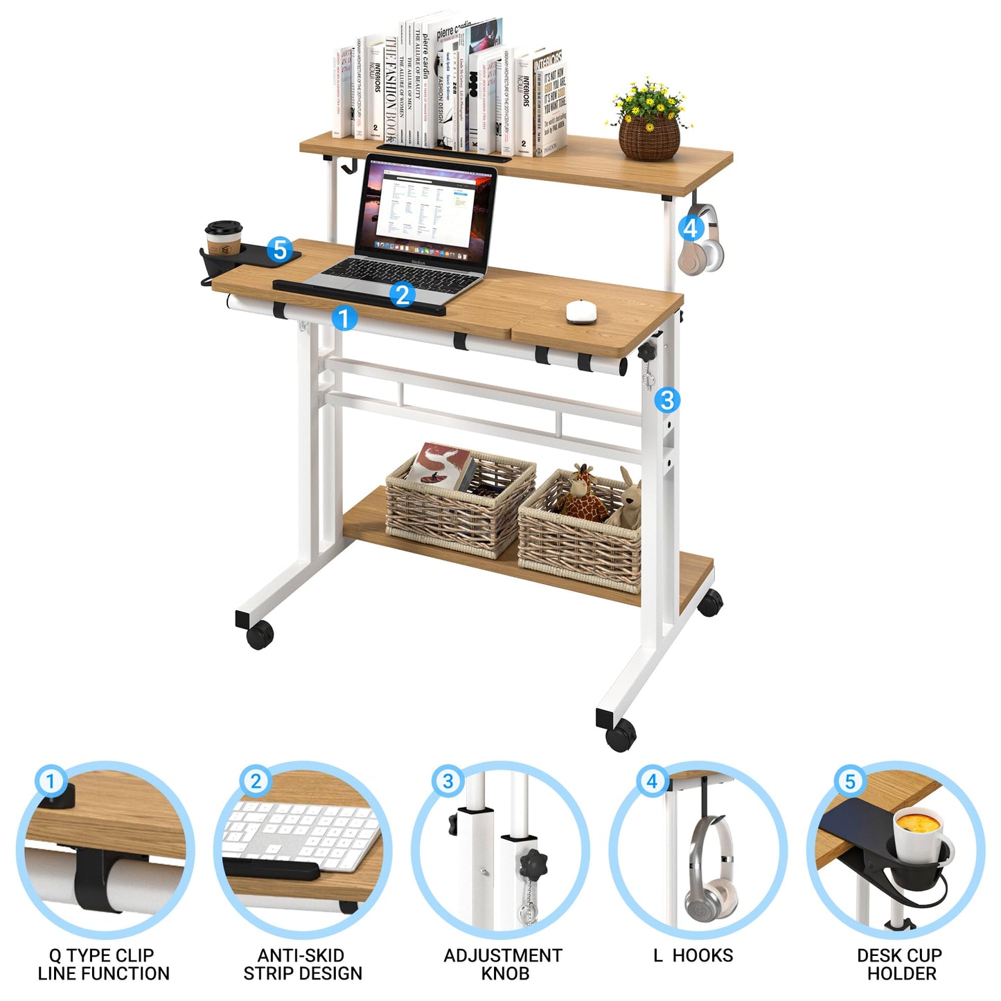 Mobile Standing Desk, Adjustable Rolling Computer Desk with 3 Desktops, Portable Laptop Table with Cup Holder, Home Office Laptop Workstation on Lockable Wheels,Khaki