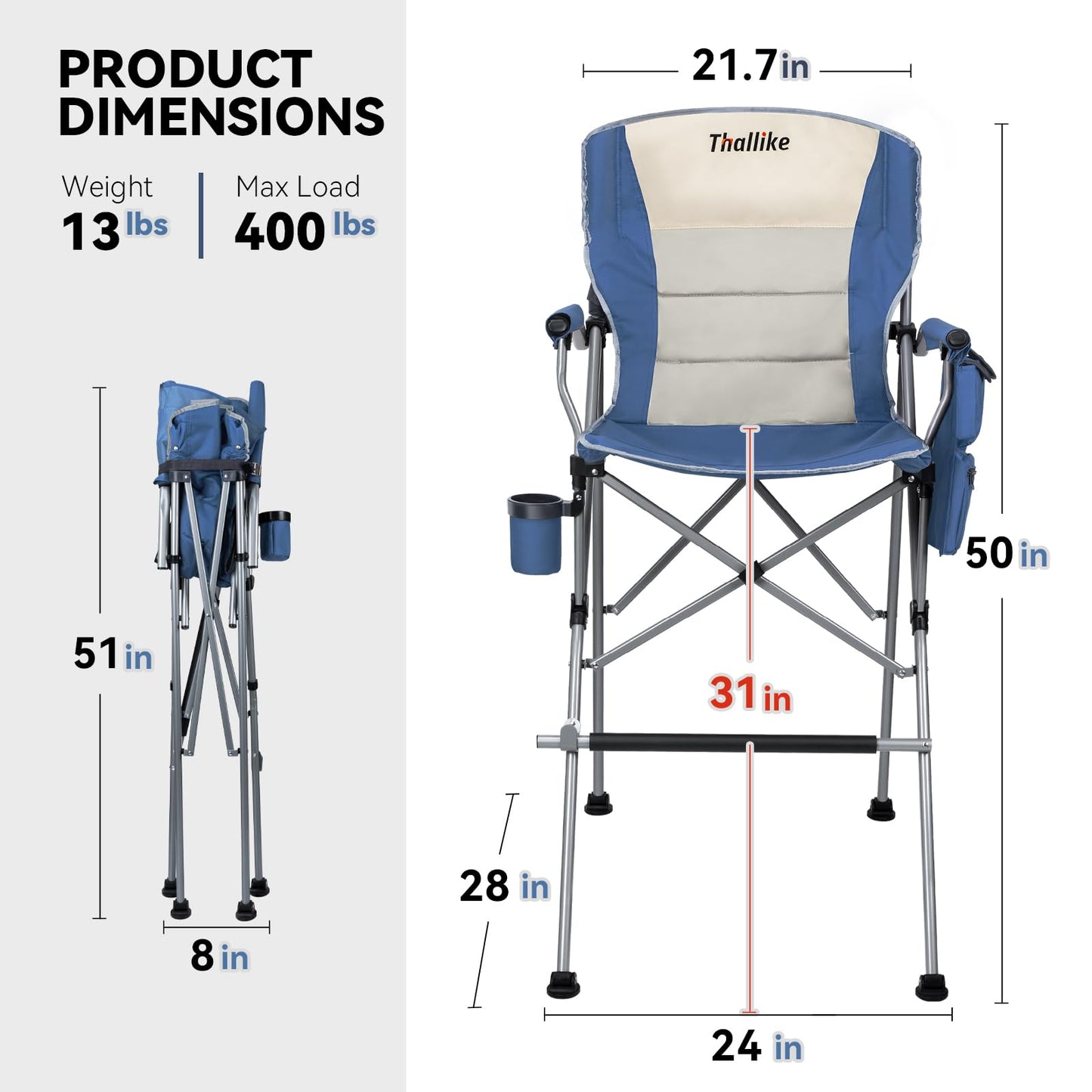 Thallike Foldable Directors Makeup Salon High Chair - Portable Camping Bar Height Folding Photoshoot Chairs with Stroage Bag Cup Holder Non-Slip Footrest, Supports 400 lbs Blue Tall Director Chair