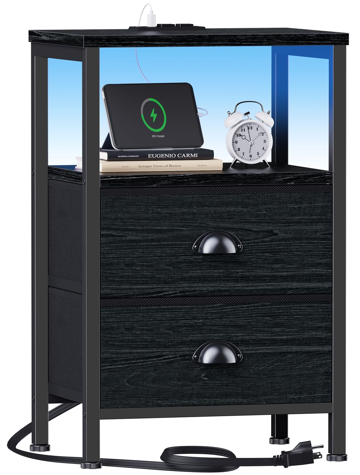 Furologee Nightstands with Charging Station, End Table with LED Lights, Black Night Stands with 2 Fabric Drawers, Bedside Tables with Shelves for Living Room/Bedroom,Black Oak