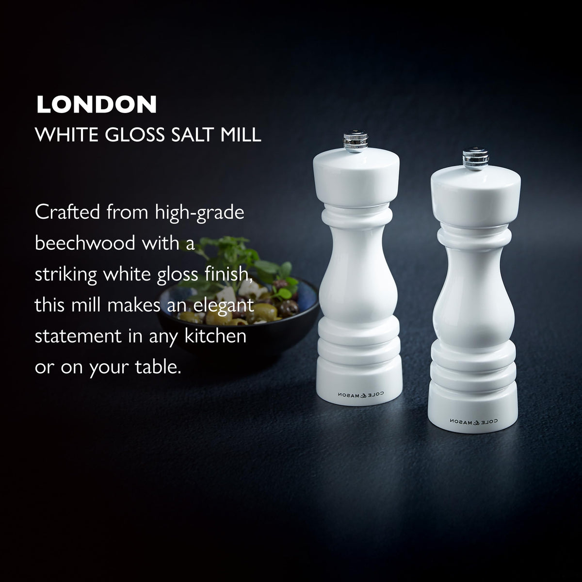 Cole & Mason London Refillable Spice Mill - Kitchen & Home Accessory - Table Salt Grinder - Salt Mill with Ceramic Mechanism - 7", White Gloss