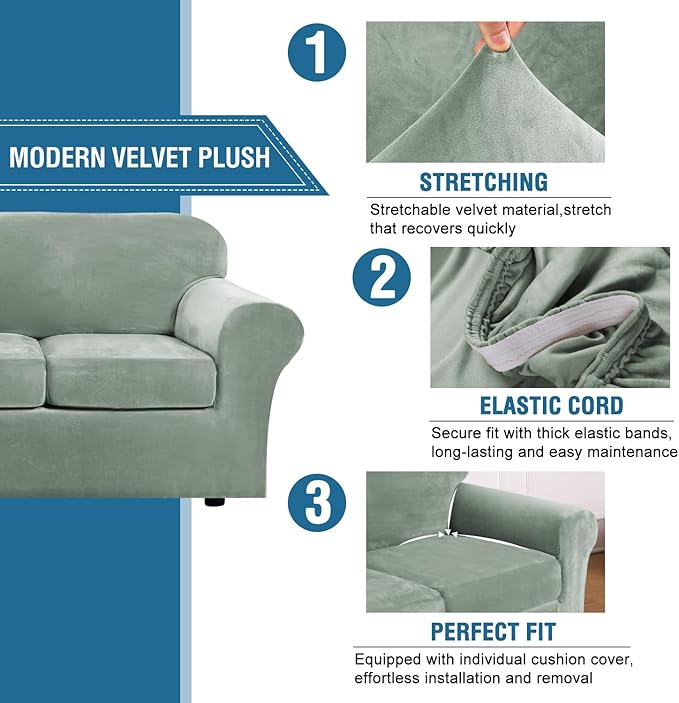 H.VERSAILTEX Real Velvet Plush 3 Piece Stretch Sofa Covers Couch Covers
