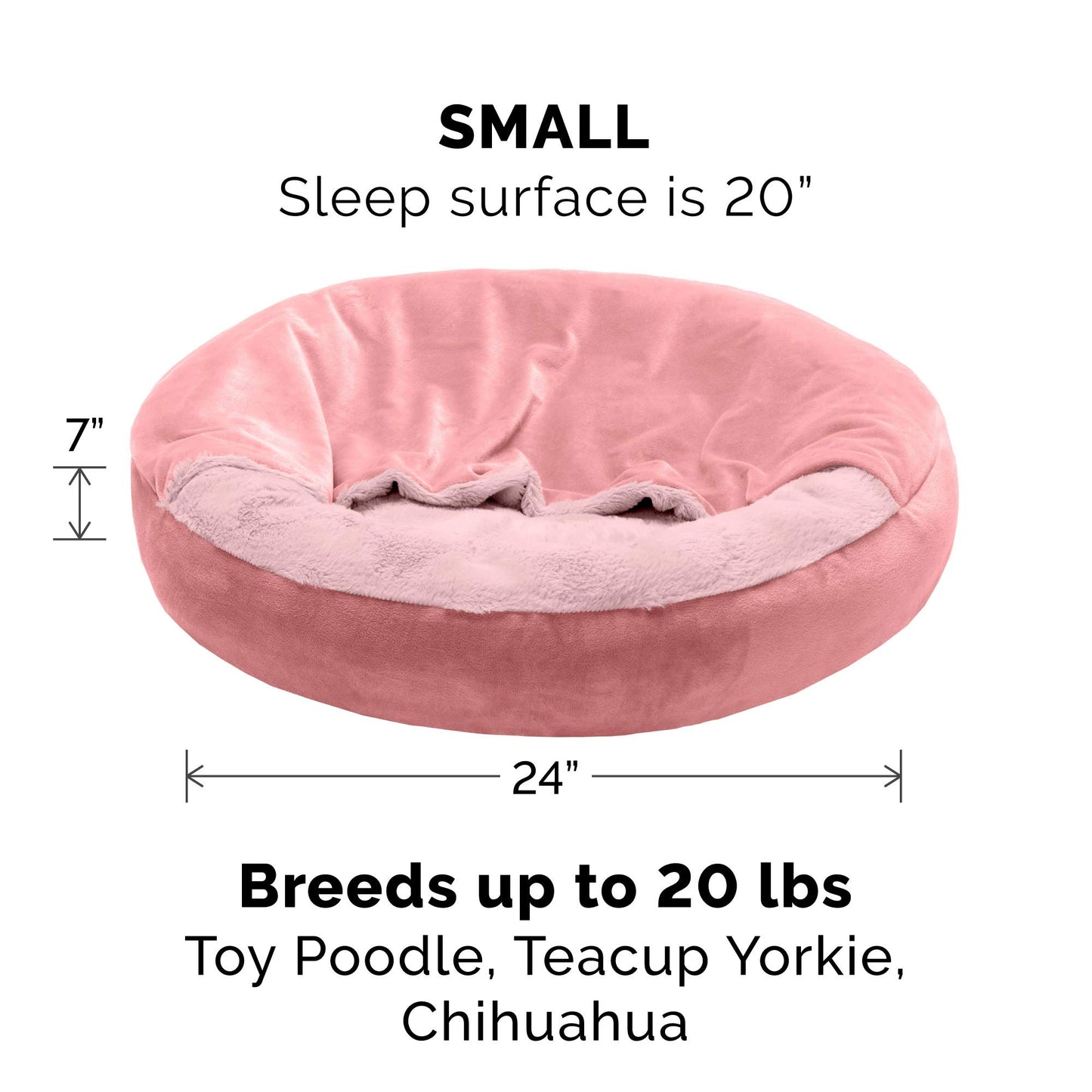 Furhaven 24" Round Calming Donut Dog Bed for Indoor Cats & Small Dogs, Washable, For Dogs Up to 20 lbs - Plush Velvet Waves Hooded Donut Bed - Rose Pink, Small