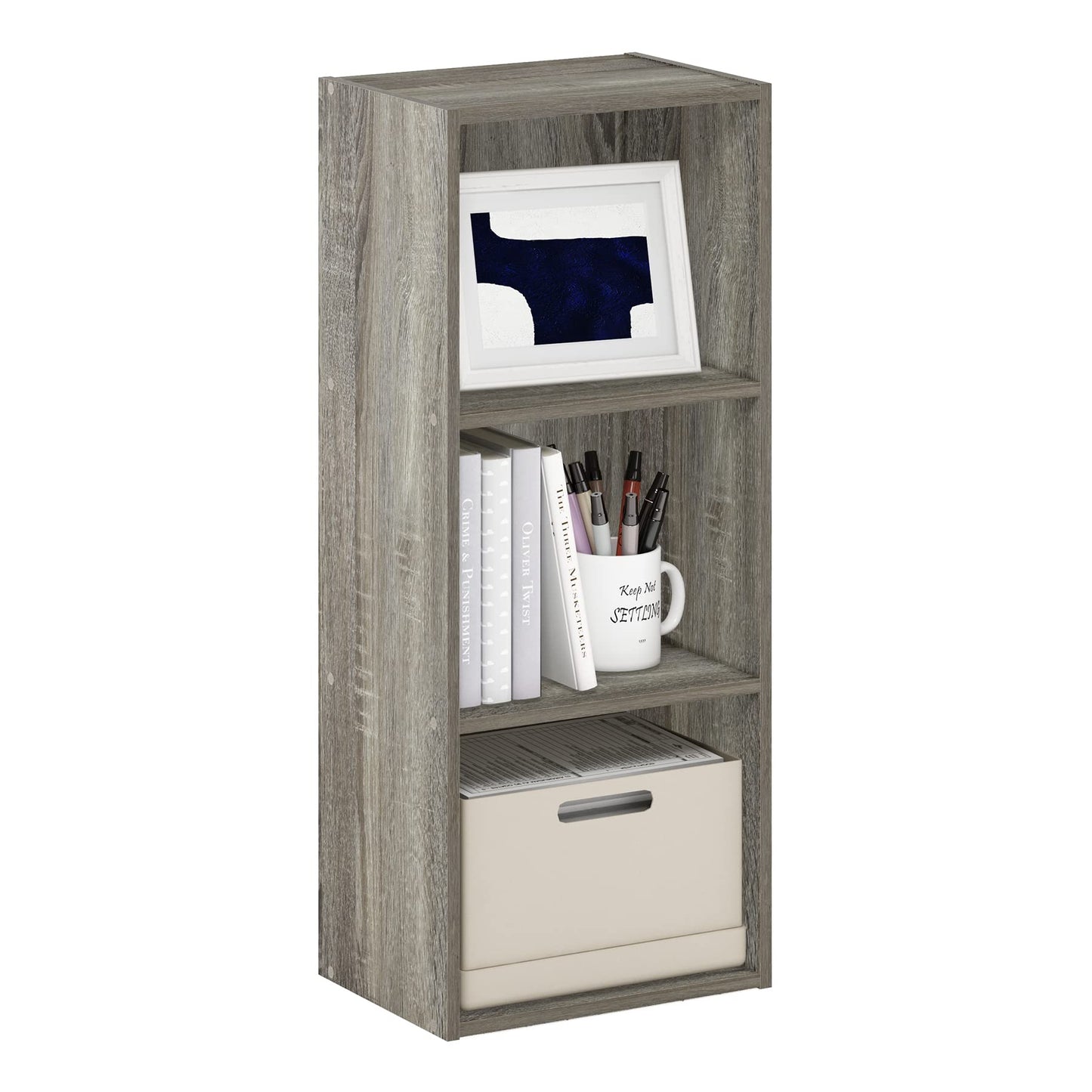 Furinno LUDER Book Shelf, 3-Cube Bookshelf, Bookcase with Open Shelves, 9.3 x 12 x 31.5, Easy Assembly, for Living Room, Bedroom, Home Office, Grey Oak