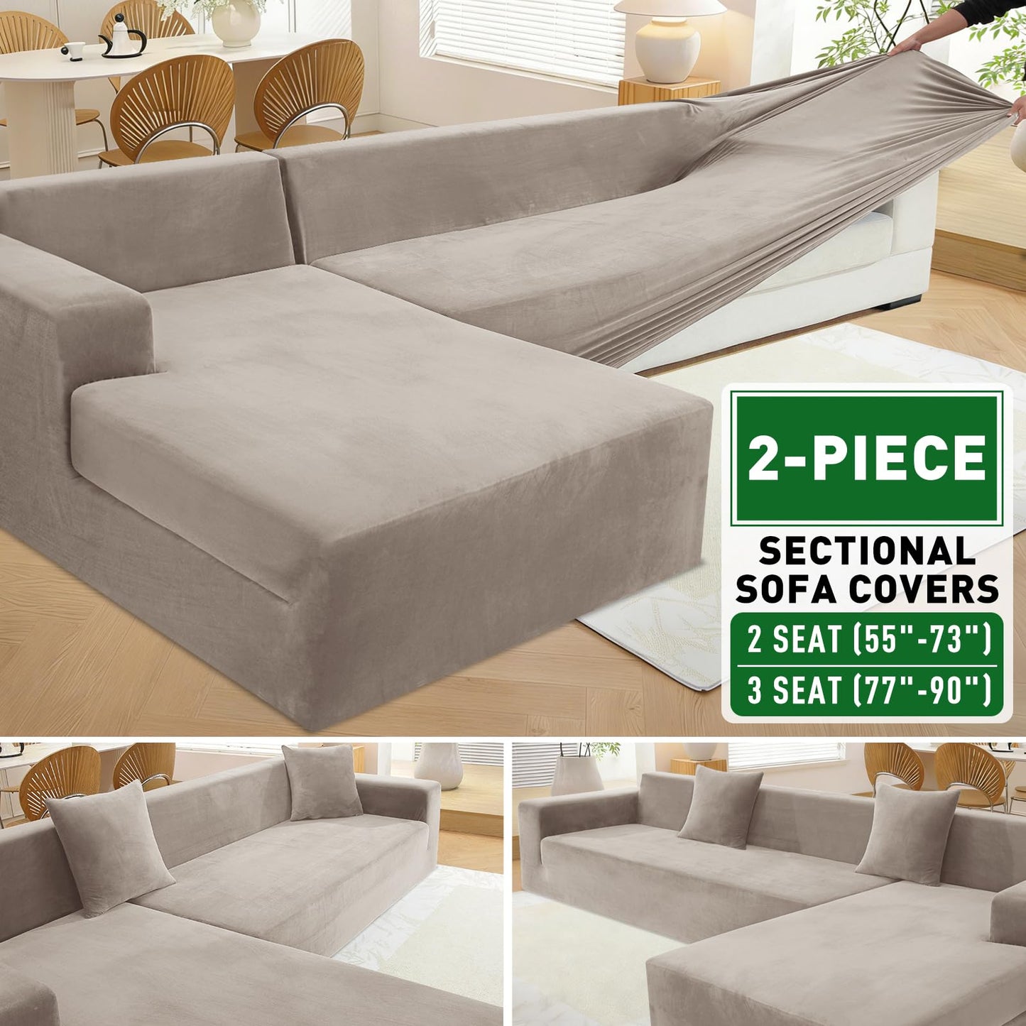 ZNSAYOTX 2026 Soft Velvet Sectional Couch Covers, Luxury Plush Slipcovers with Elastic Bottom for L Shape Sectional Sofa, 2 Pcs Pet Friendly Protector (3 Seat Couch + 2 Seat Chaise, Khaki)
