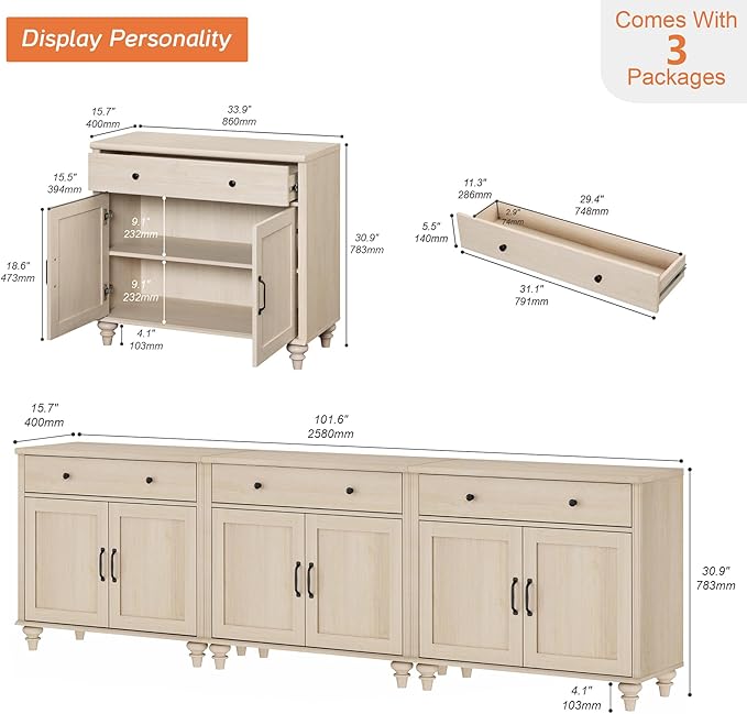 WAMPAT Farmhouse TV Stand for 100 Inch TV, 3-in-1 TV Console Table for