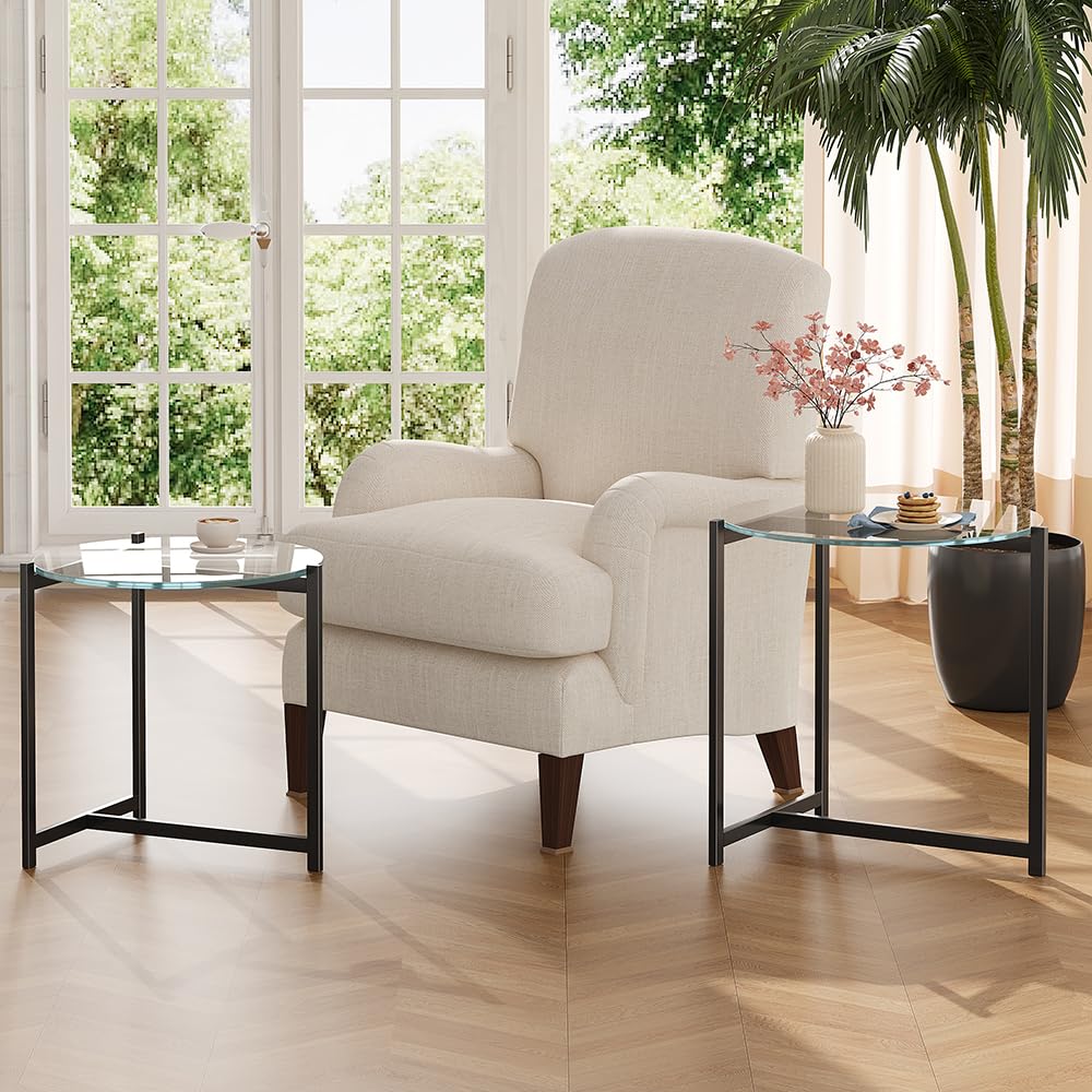 Cuizehua 16 Inch Round Glass Coffee Table, Tempered Clear Glass Top with Sturdy Black Metal Frame, Easy Assembly Modern Side Table/End Table for Living Room, Bedroom, Office