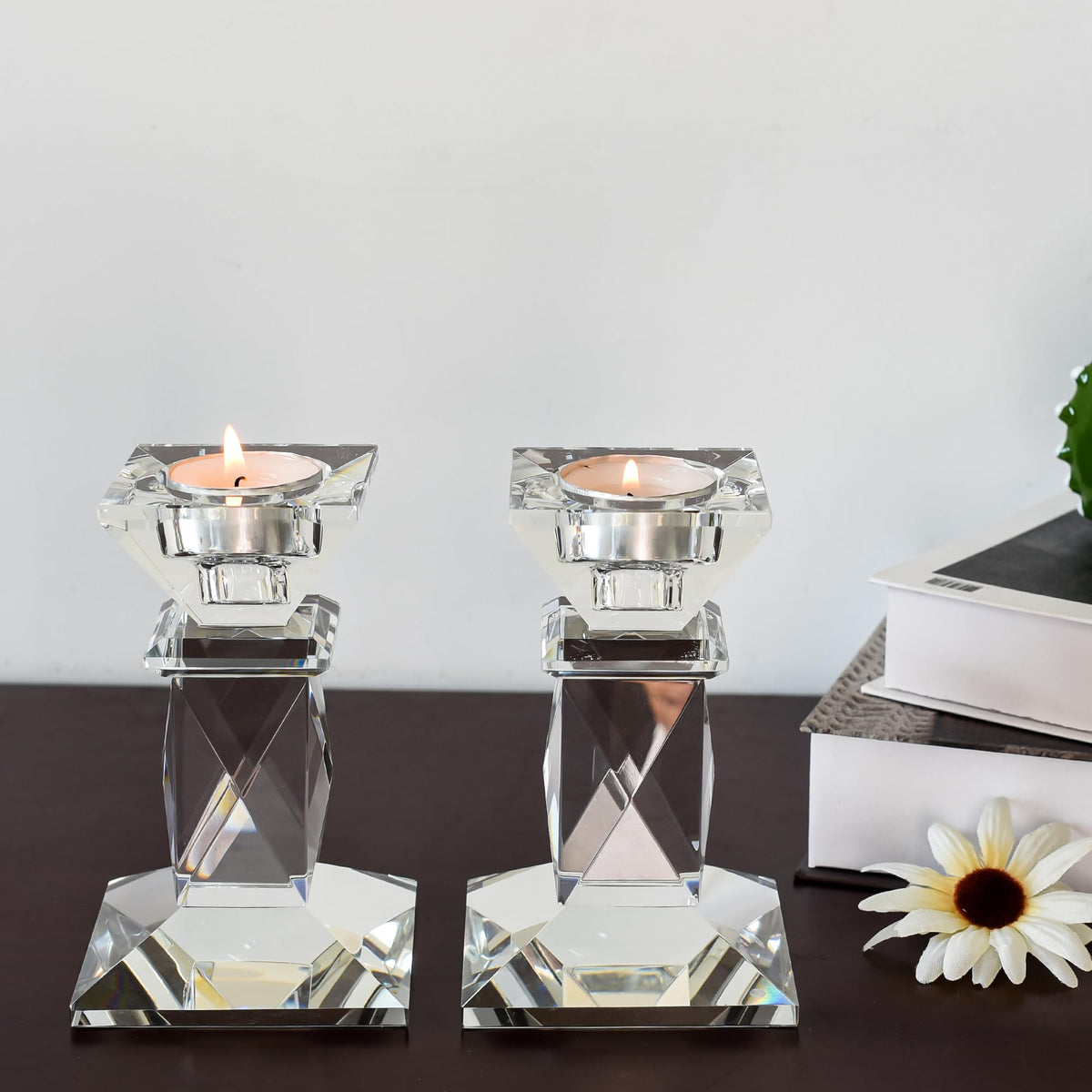 Marvala Crystal Candle Holders Set of 2, Double-Sided Design for Tea Lights & Taper Candles, Decorative Lighting Centerpiece for Home Decor, Wedding, Gift (Holiday, Birthday, Housewarming)