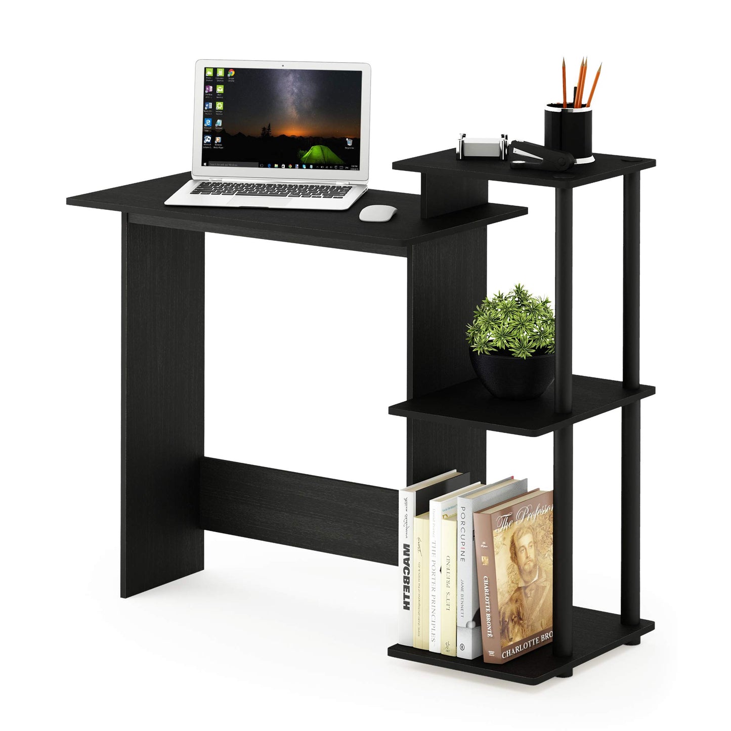 Furinno EFFICIENT Desk, 28.6" Wide Gaming Desk with 3 Open Side Shelves, Laptop Notebook Computer Desk, Office Desk for Home Office, Study Room, Dorm, Bedroom, Americano