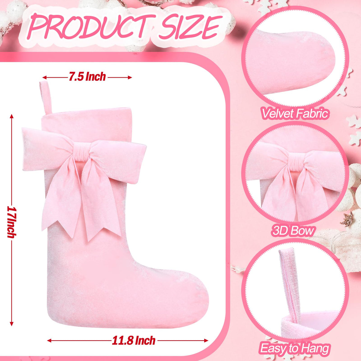 JellyArch 4 Pack 18 Inch Pink Velvet Christmas Stockings Large Coquette Bow Faux Fur Stockings Christmas Hanging Decoration Candy Gift Bags for Xmas Tree Fireplace Holiday Party Decor(Cute Style)
