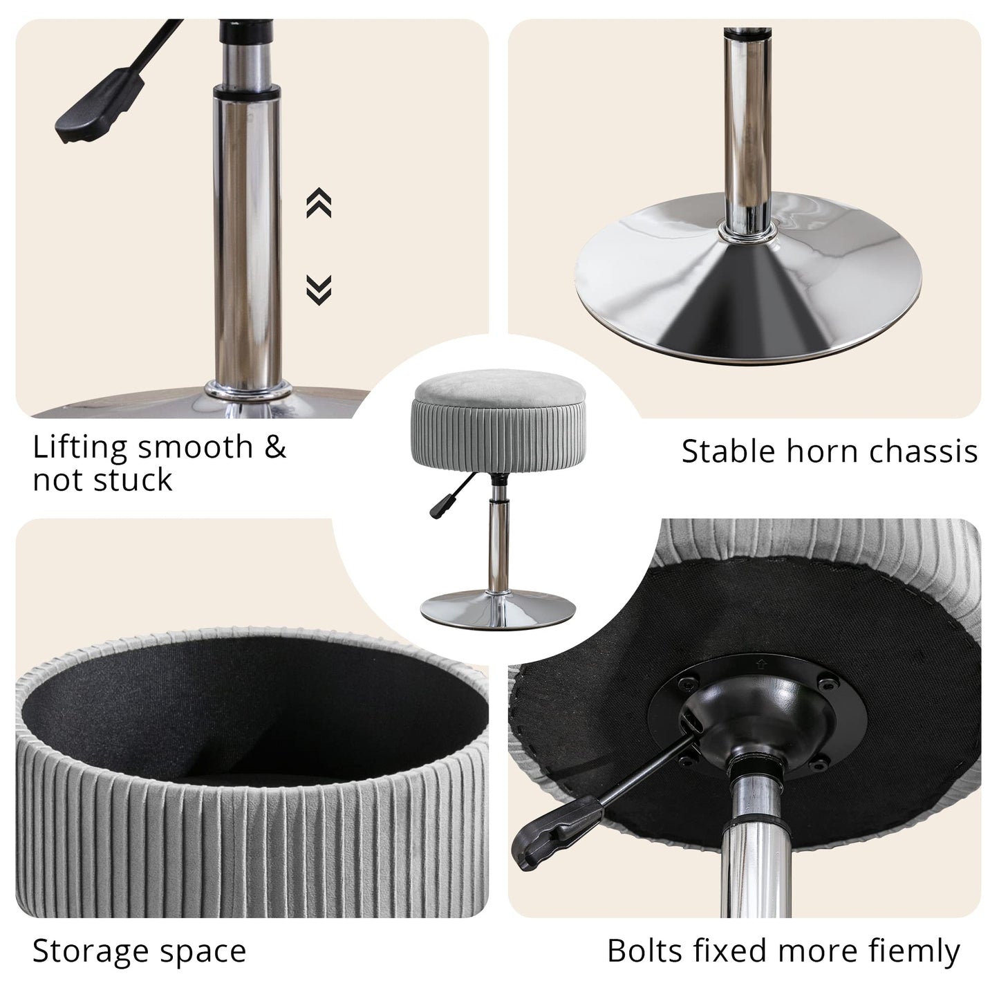 LUE BONA 360°Swivel Vanity Stool Chair for Makeup Room, Height Adjustable Stool for Vanity with Storage, Small Grey Velvet for Bathroom, Living Room