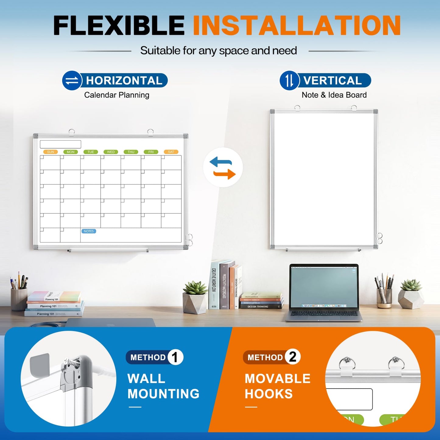 Monthly Calendar Dry Erase Whiteboard for Wall, 36" x 24" Magnetic Dry Erase Board, Hanging Double-Sided White Board, Portable Board for School, Planning, Memo, Home, Office, 2025 Calendar