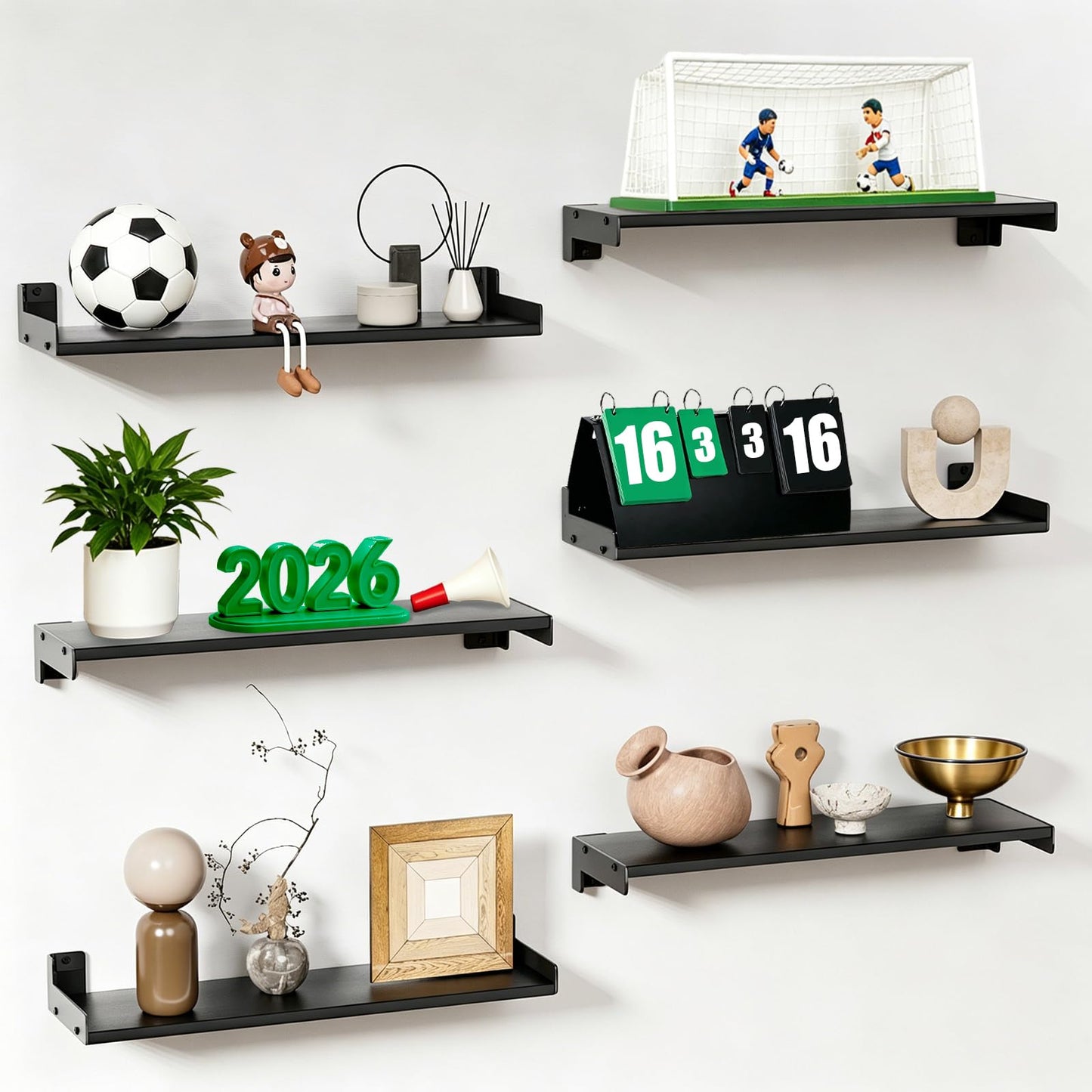 FNBAR Floating Shelves for Wall, Shelves for Decor Storage Set of 6, Wall Mounted Wood Shelf for Bedroom, Living Room, Bathroom, Kitchen,Long Picture Ledge Shelves.(Black)