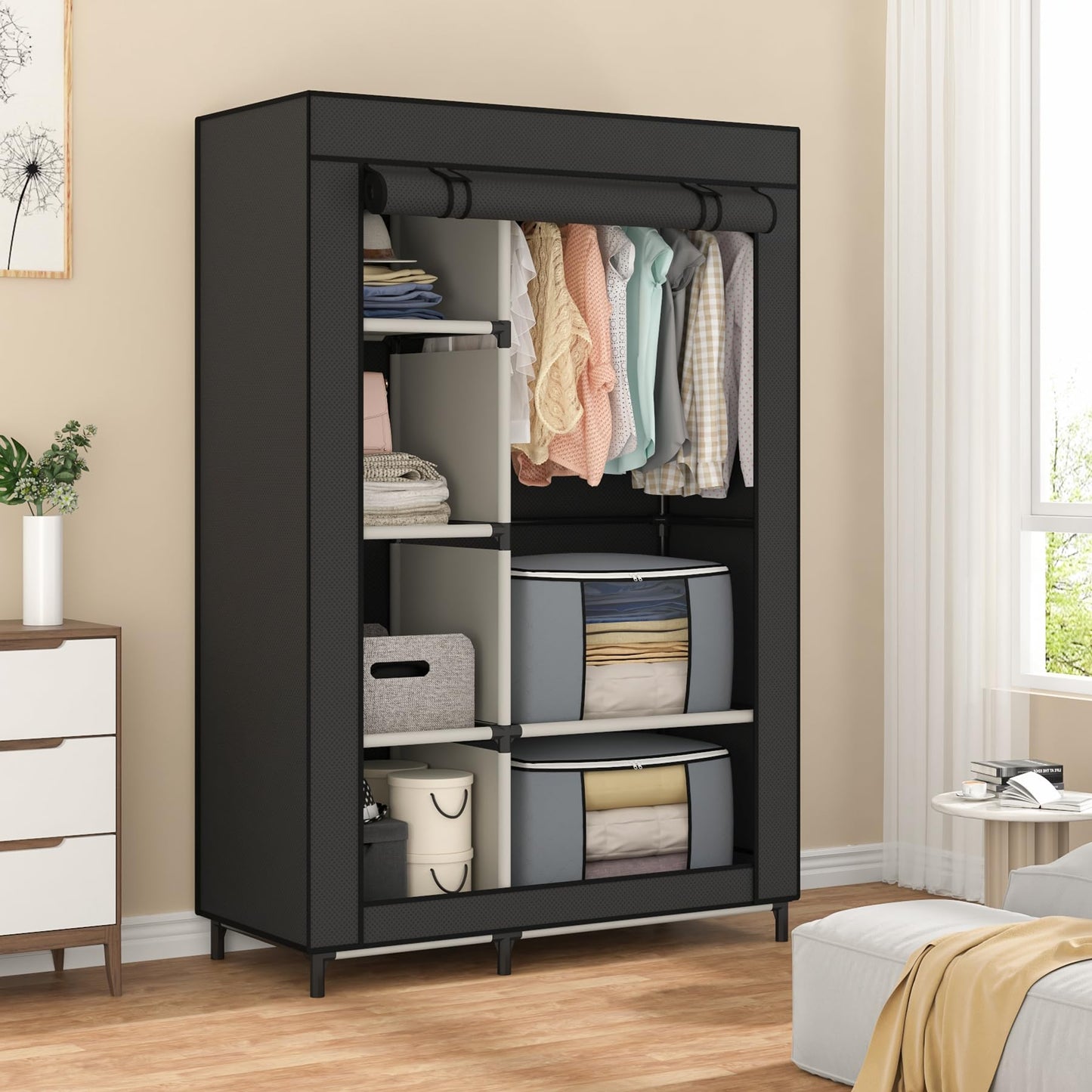 Calmootey Portable Closet, Wardrobe with 6 Shelves and Hanging Rod, Storage Organizer for Bedroom, Non-Woven Fabric Cover with 4 Side Pockets, Includes 2 Storage Bags for Clothes, Black