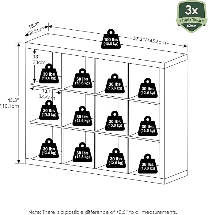 Furinno Cubicle Book Shelf, 12-Cube Bookshelf, Triple Thick Frame Cube Storage