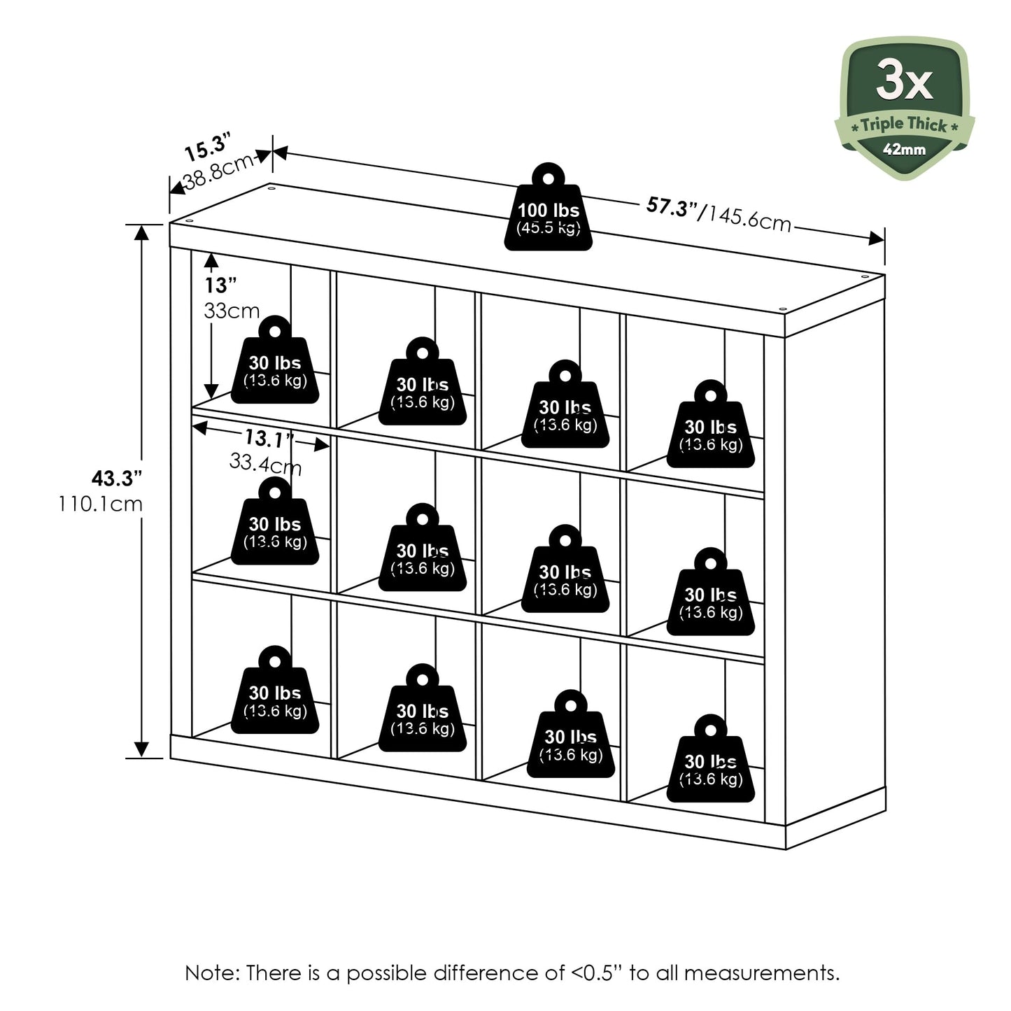 Furinno Cubicle Book Shelf, 12-Cube Bookshelf, Triple Thick Frame Cube Storage Organizer, 1.65" Thick Bookcase, 15.4" x 57.4" x 43.4", for Home Office, Living Room, Plain White