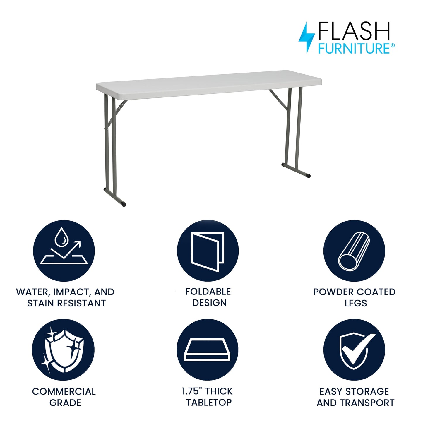 Flash Furniture Kathryn 5' Rectangular Plastic Folding Table, Long Plastic Foldable Table for Indoor/Outdoor Events, White