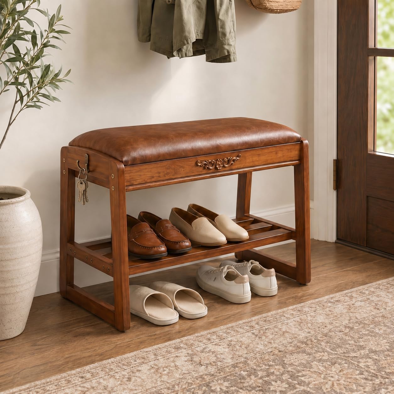 Drogenble Shoe Rack Bench,2 Tiers Shoe Bench with Storage with Flip-Top,Wood Shoe Rack for Entryway,Hallway(Solid Upholstered Seat,23.6"