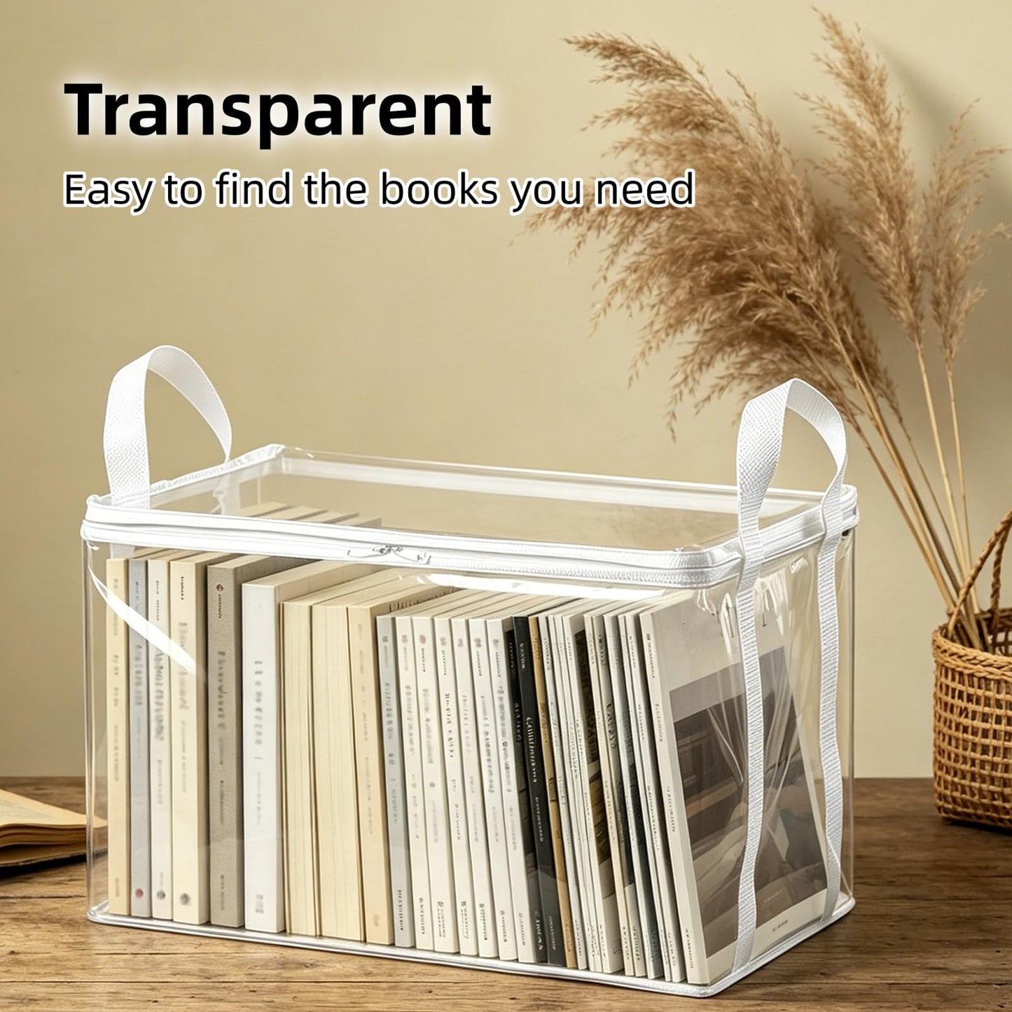 Clear Book Storage Bag with Reinforced Handles - Heavy Duty Plastic Comic Book Organizer & DVD Storage Bin - Collapsible Media Tote with Zipper Lid for Books, Journals and Albums - 15" x 9.5" x 12.5"