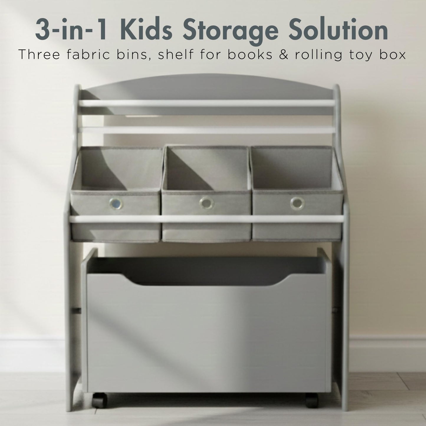 Humble Crew 3-in-1 Kids Bookshelf and Toy Storage Organizer, Bookcase with Rolling Toy Box and 3 Fabric Storage Bins, Wooden Nursery & Playroom Organizer, Grey/Grey
