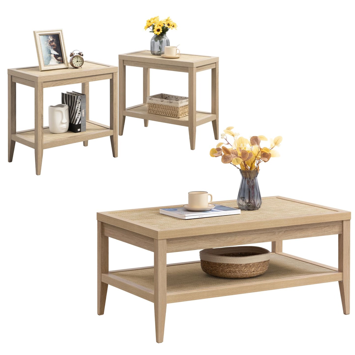 SICOTAS Rattan Coffee Table Set, 3-Piece Farmhouse End Table Set with Rectangle Center Coffee Table & 2 Accent Sofa Side Tables for Living Room, Light Oak