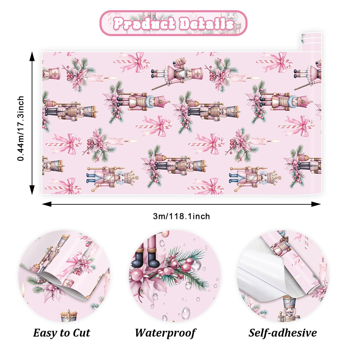 IARTTOP Pink Nutcrackers Wallpaper Peel and Stick Christmas Party Pink Contact Paper for Cabinets and Drawers Christmas Nutcracker Wallpaper Self-Adhesive for Xmas Holiday Home Decor(17.3"X118.1")