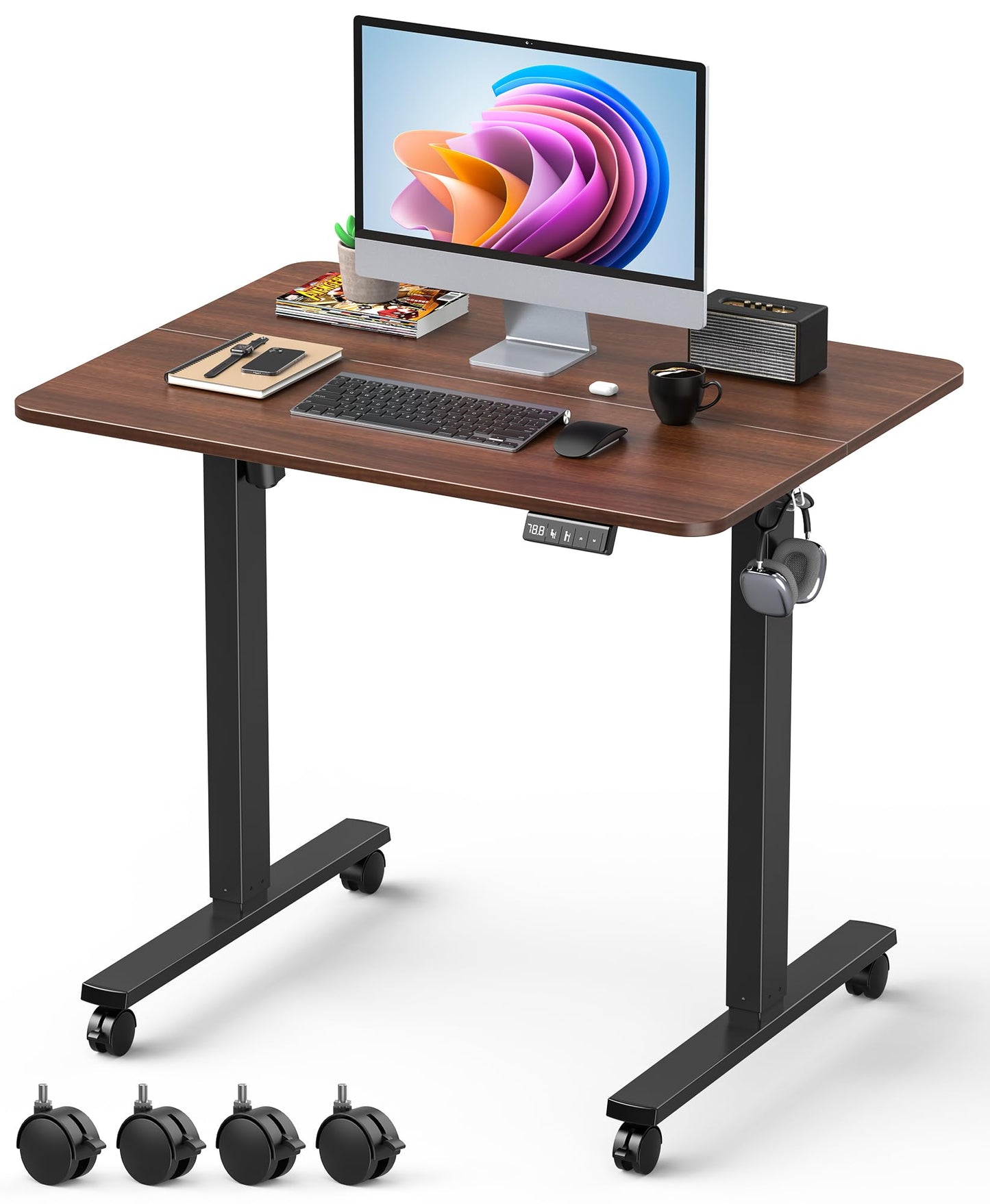 Xyndyx 32" Small Electric Rolling Standing Desk Adjustable Height, Mobile Sit Stand up Desk with Lockable Casters for Home Office & Computer Workstation, Splice Board, 2 Hooks, Black Frame/Walnut Top