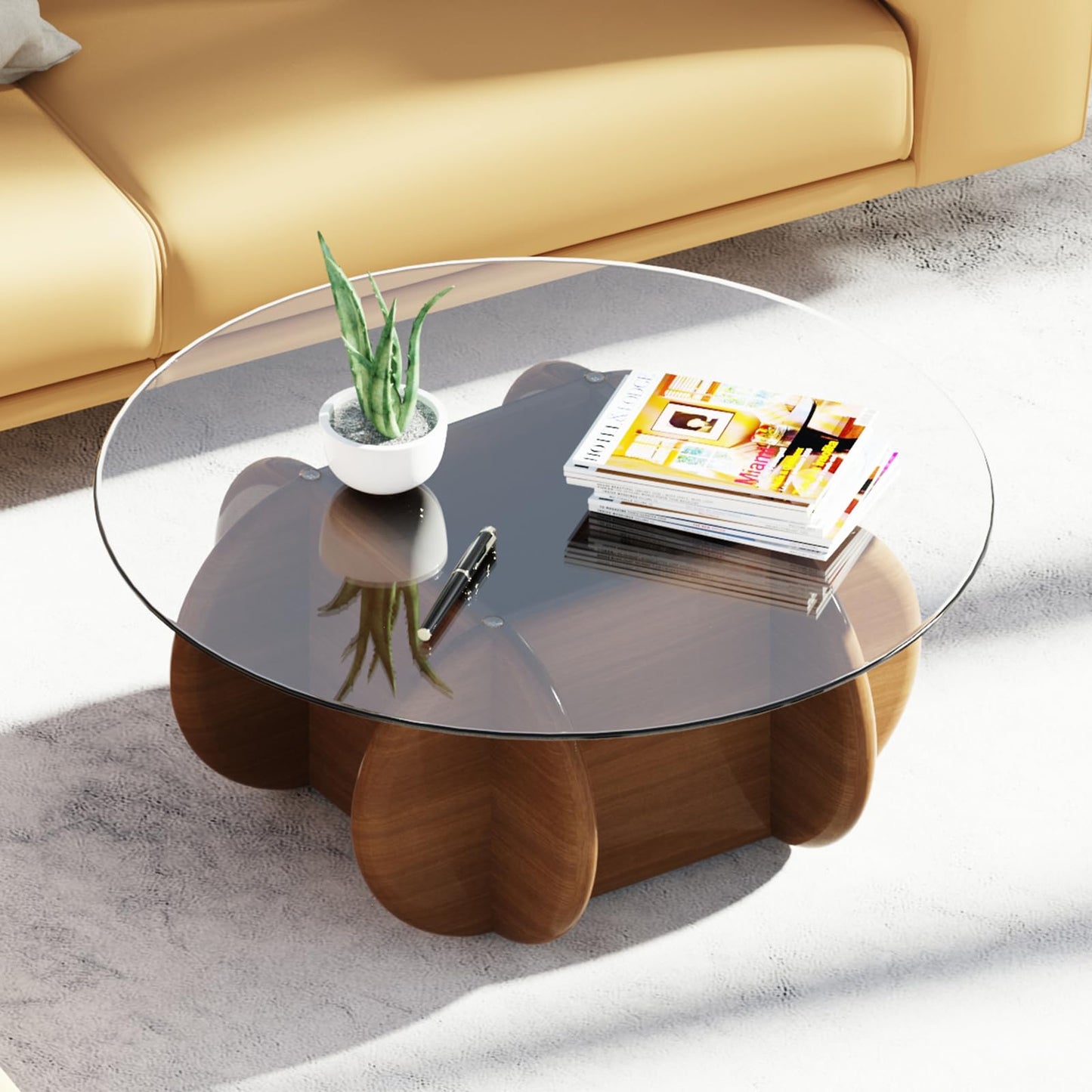 TATBTCT Transparent Round Glass Coffee Tables Noguchi Elegant Round Coffee Table with Solid Wood Legs and Tempered Glass Tabletop for Living Room Home Small Space Reception Office Tables 31.5"