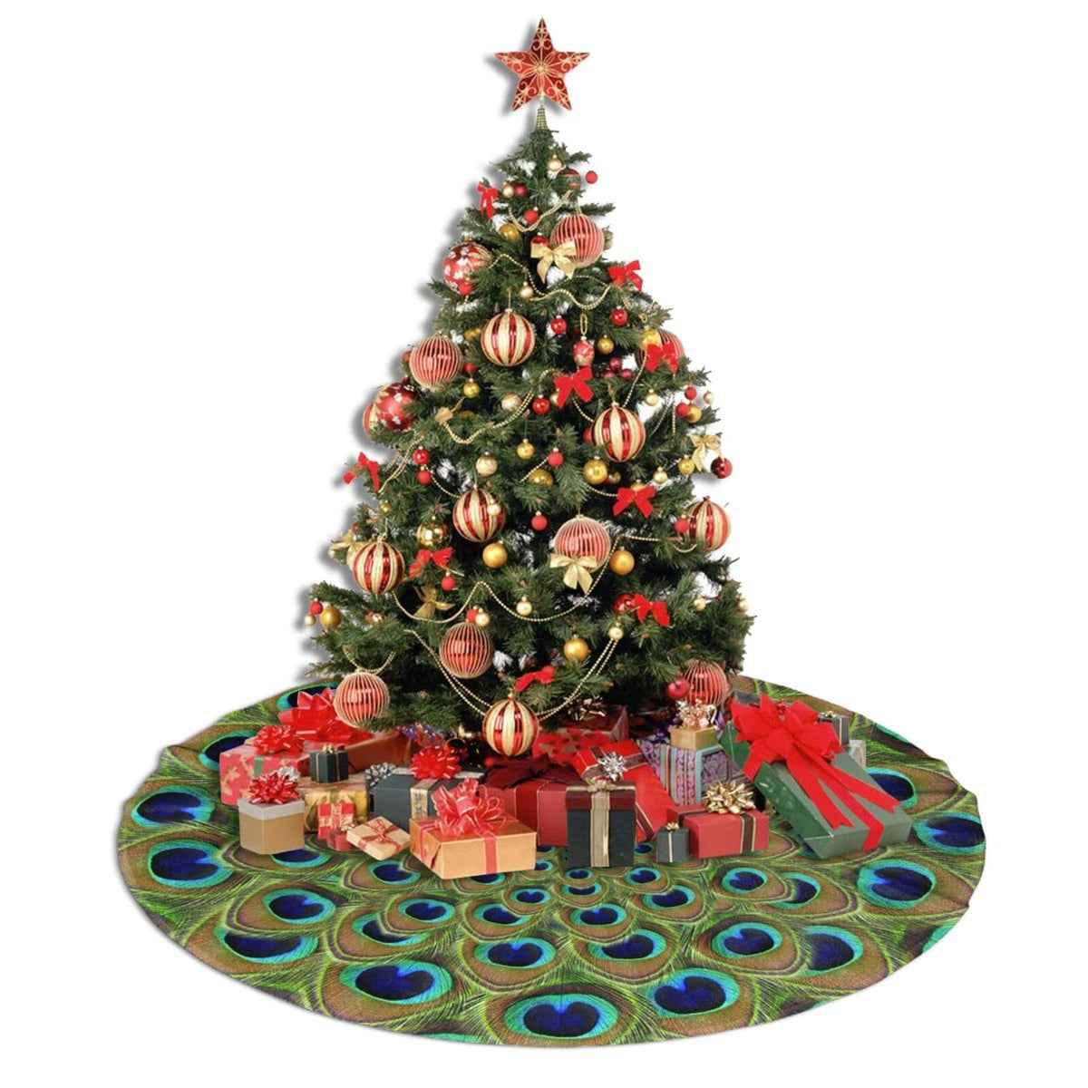 Peacock Feather Christmas Tree Skirt 48" Xmas Tree Mat for Christmas Decorations Holiday Ornaments