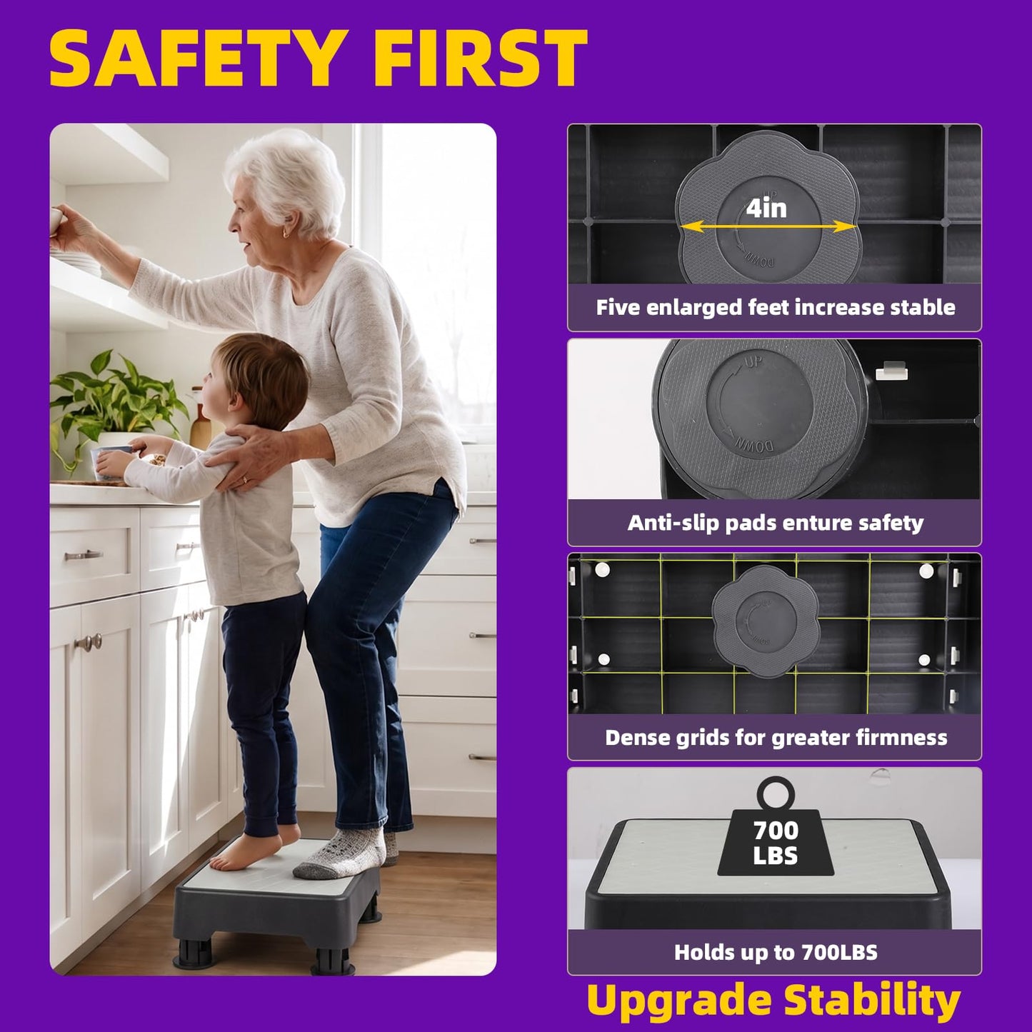 LIFTOZA Adjustable Step Stool, Noctilucent Bedside Step, 700 LBS Capacity Safety Step Platform, Indoor and Outdoor Foot Stool for Seniors and Kids, Wide Step Stools Elderly Assistance at Night