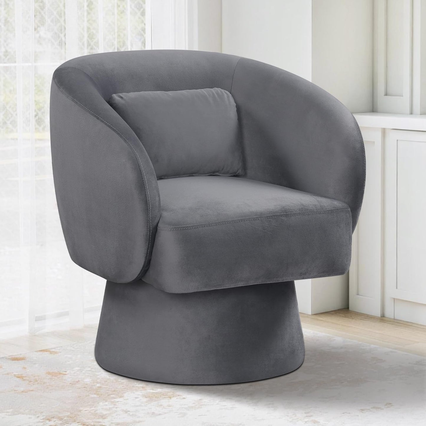 Giantex Swivel Accent Chair, Upholstered Barrel Chair with Curved Back & Removable Lumbar Pillow, Comfy Round Armchair with 360° Rotating Function, Single Sofa Chair for Living Room