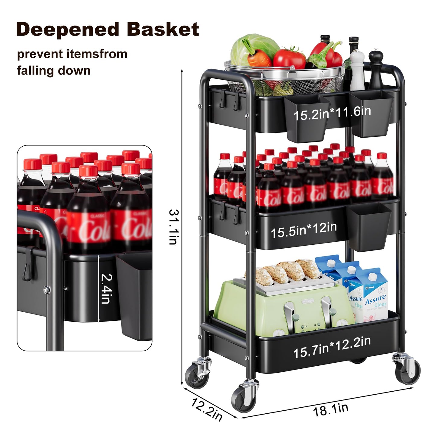 3 Tier Rolling Cart Metal with Wheels, Black Three Tiered Art Cart Organizer on Wheels, Storage Utility Trolley Carts for Kithcen, Craft, Nail, Lash, Makeup, Salon,Bedside, Bathroom, Office, Snack