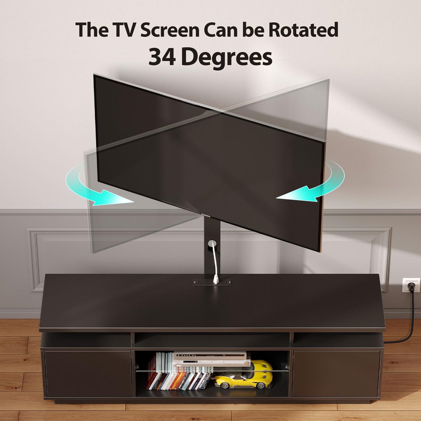 Rolanstar TV Stand with Mount and Power Outlet 51.2", Swivel TV Stand Mount for 32/45/55/60/65/70 inch TVs, Height Adjustable Modern Entertainment Center with Storage & LED Lights, TV Table Black
