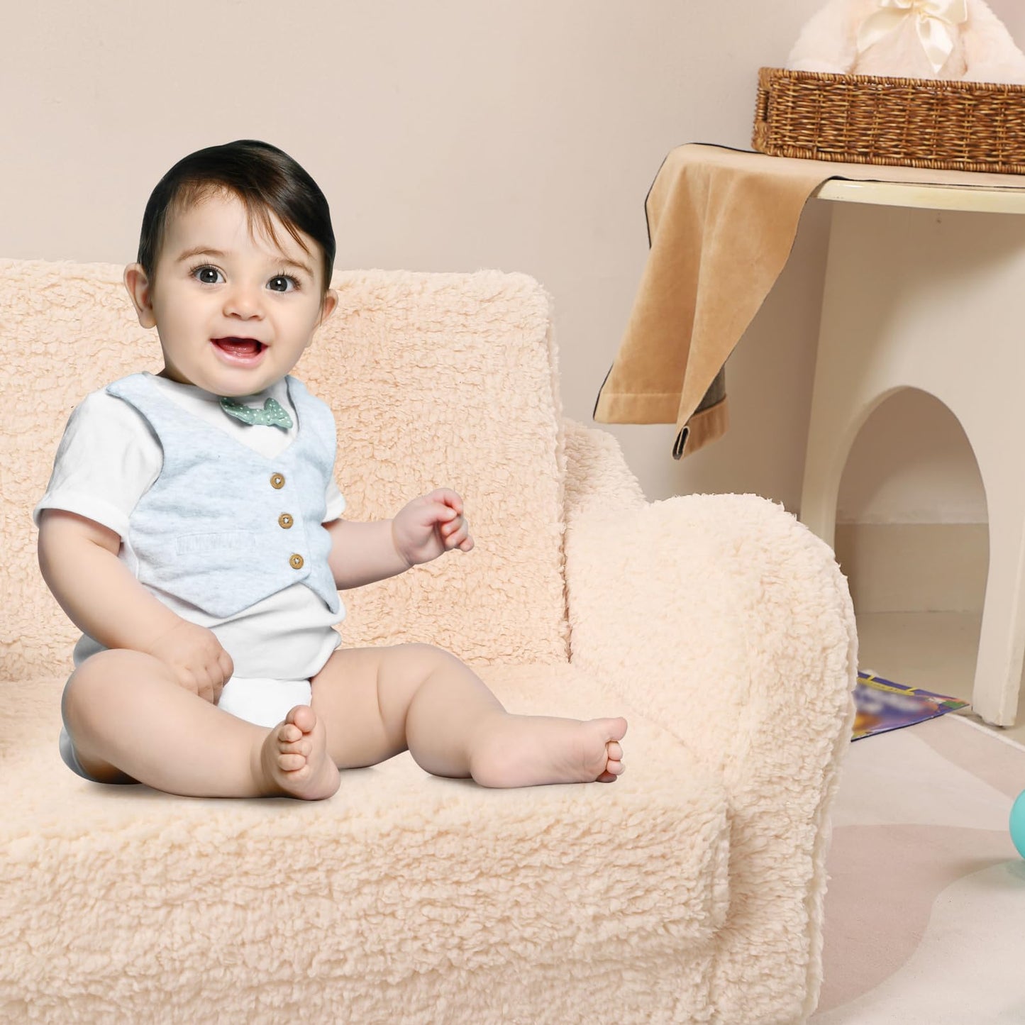 MOMCAYWEX Kids Sofa, 2-in-1 Flip-Out Foam Couch with Soft Sherpa Cover, Cozy Play Lounge Chair, Cream