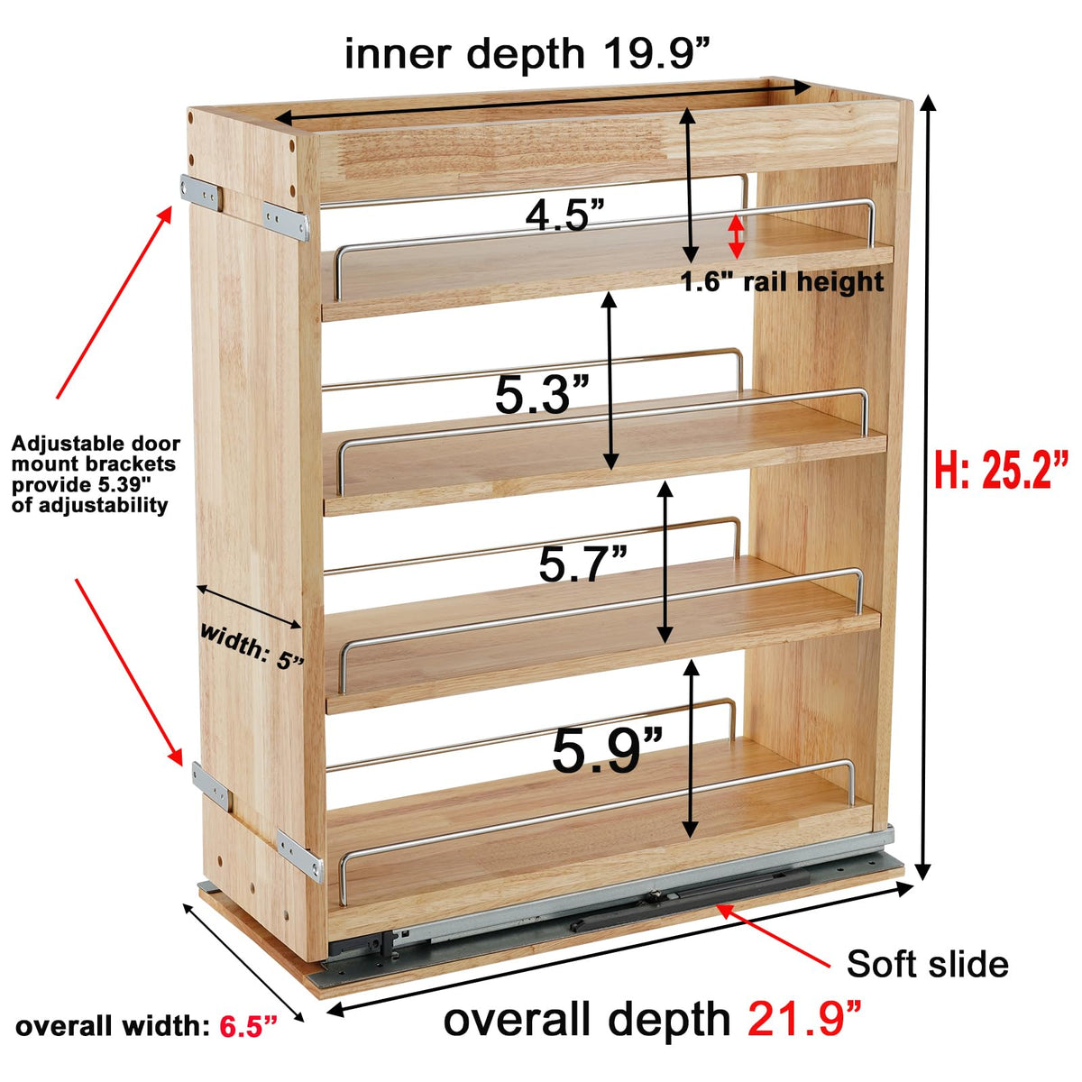 DINDON Pull Out Spice Rack Organizer for Cabinet, (5" W x 21.9" D x 25.2" H) Multi-Use Wood Pull Out Cabinet Organizer Slide Out Shelf Cabinet Storage for Kitchen, Pantry Organization
