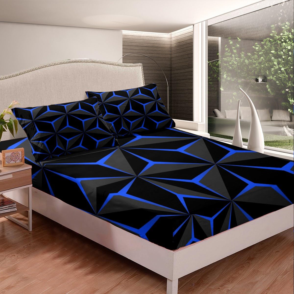 Feelyou Neon Honeycomb Sheet Set Twin Size,Geometric Stereoscopic Theme Teens Boys Bedding Set,Adults Bedroom Decoration 3D Blue Print Fitted Sheet All Season