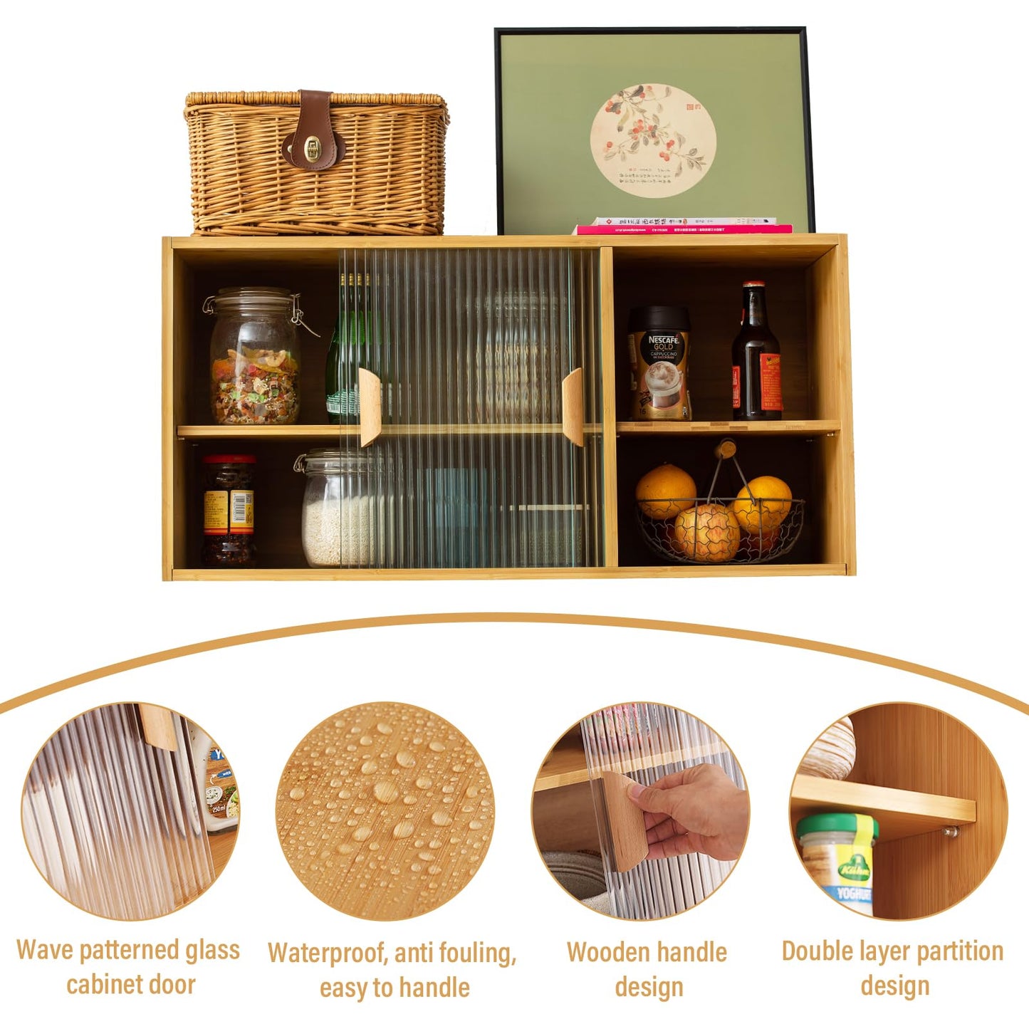 Tiita Small Kitchen Pantry Cabinet, Bamboo Wall Sideboard with Glass Doors, Cupboard Food Pantry Cabinet for Kitchen, Living Room and Dinning Bedroom