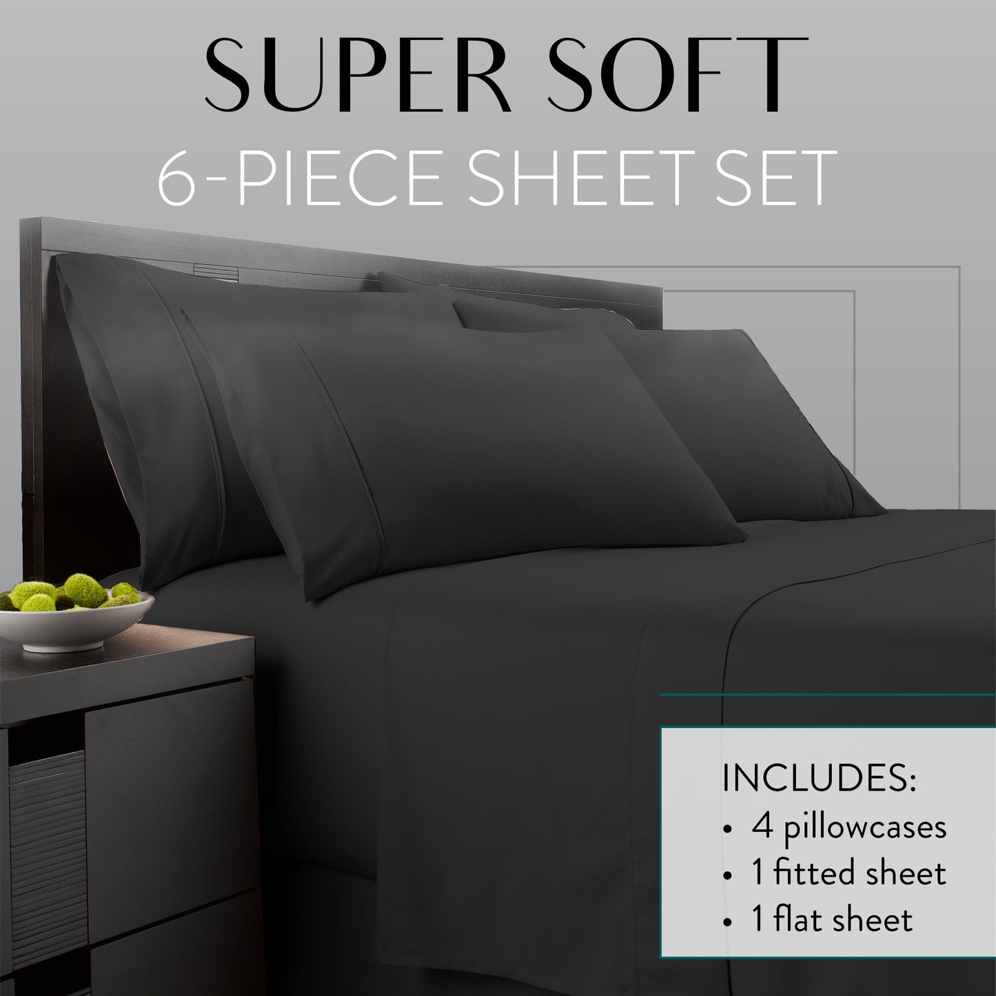 Danjor Linens Bed Sheet Set Queen Size for Hot Sleepers, Hotel Premium Sheets with 4 Pillowcases, Lightweight Brushed Microfiber Deep Pockets, Breathable Cooling 6 Piece Bedding Sets, Black
