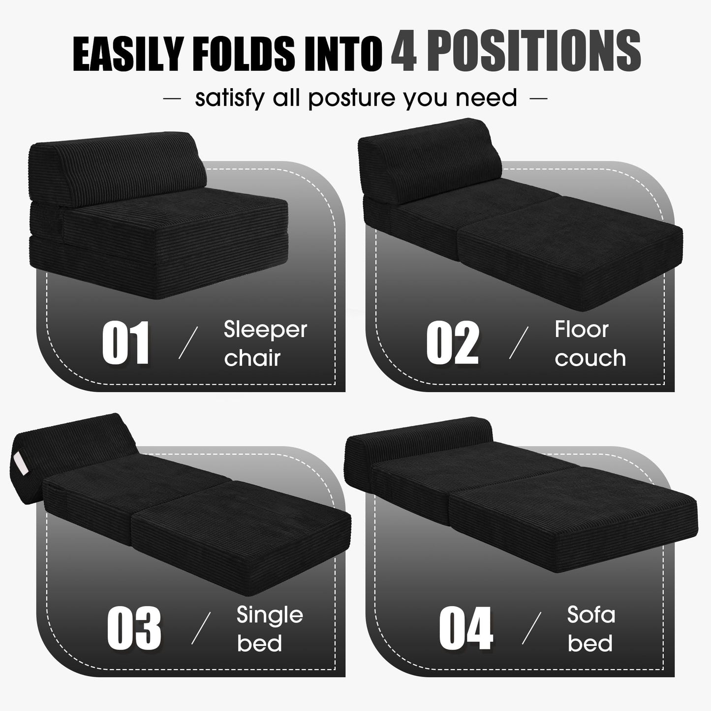 Kasunpul Folding Sofa Bed with Pillow, Memory Foam Fold Out Chair Bed, Convertible Sleeper Chair with Washable Cover, Futon Floor Couch for Living Room/Dorm/Guest Use/Home Office/Apartment, Black