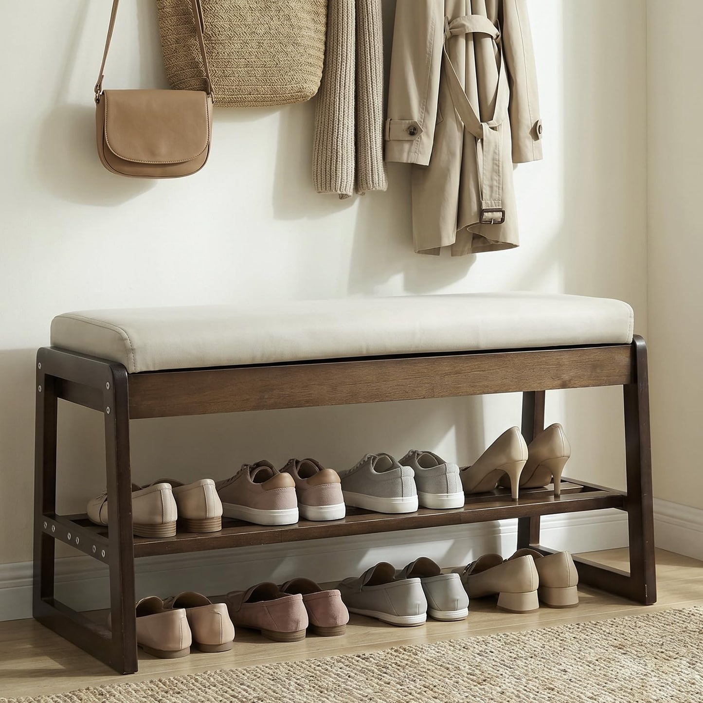 Moutosne Shoe Rack Bench with Cushion, 2-Tier Entryway Bench with Storage for Front Entrance, Hallway Living Room Bedroom (Walnut, 31.5")