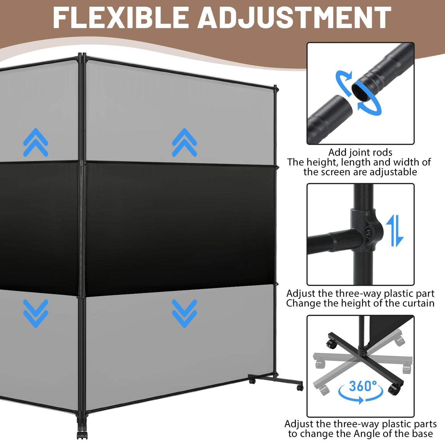 VAMFUTRE 2 Panels Room Divider/Privacy Screen with Caster Wheels and Brakes - Stylish and Versatile Partition for Home,Office,School and Restauran (Black, 12FT*6FT)