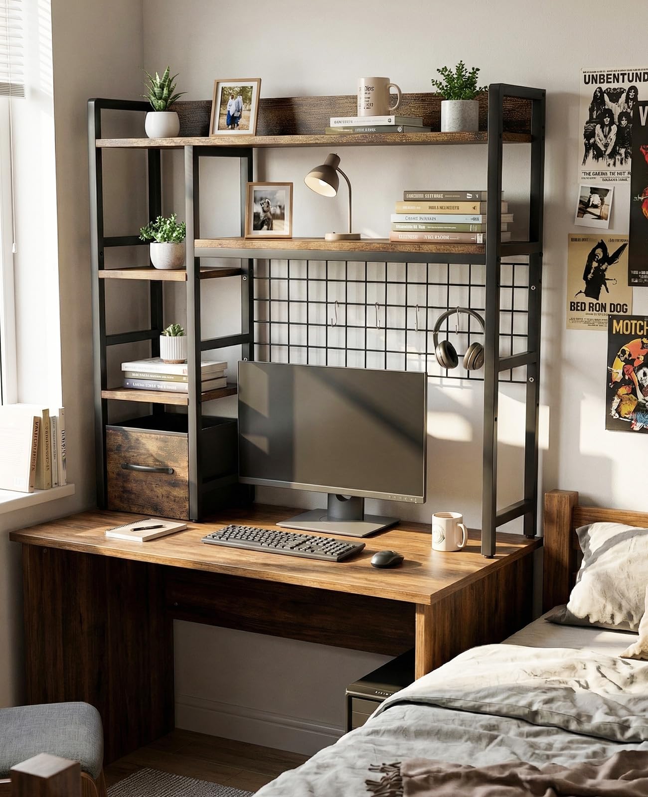 Rifoer Desk Hutch for Computer Monitor, 38.6" Over Desk Shelf with Grid Panel & Woven Drawer, 4-Tier Sturdy Metal and Wood Tabletop Storage Rack for College Dorm, Home Office, Rustic Brown