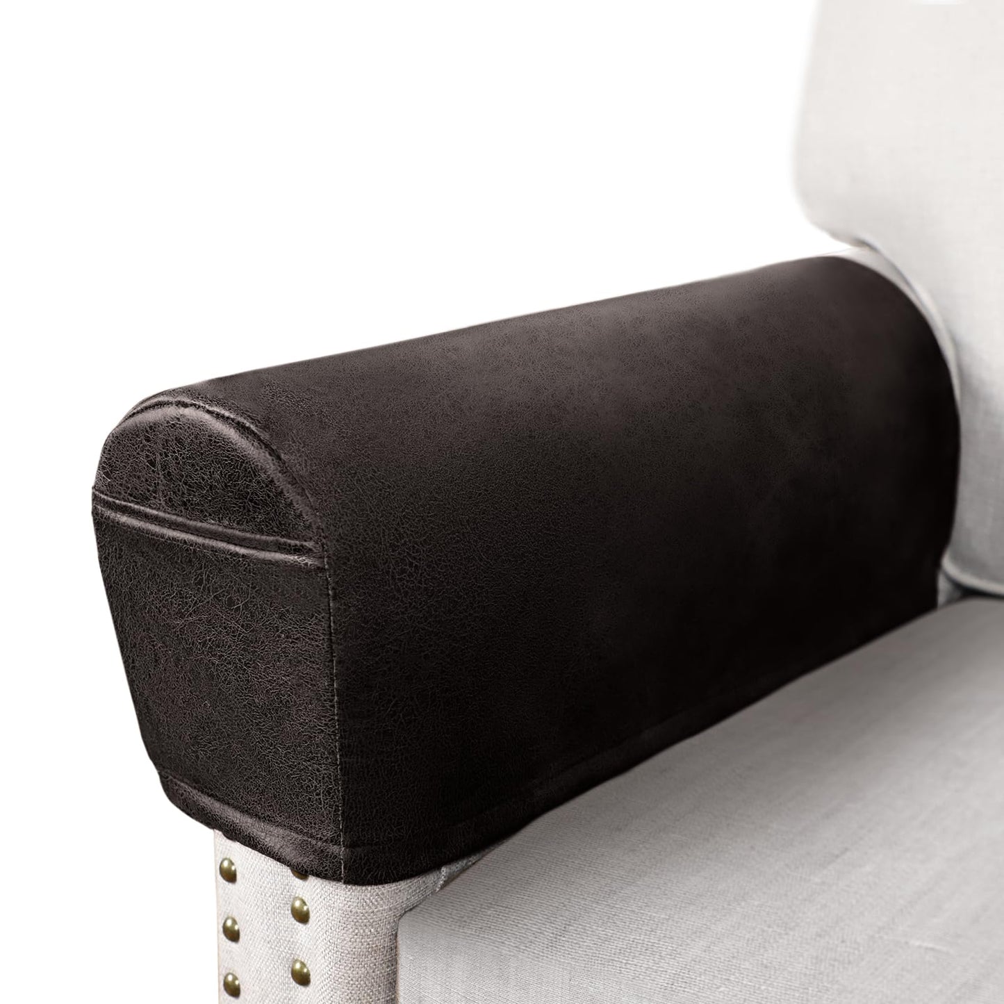 ANARACHON Leather Look Couch Arm Covers Set of 2 Armrest Covers for Sofa Chair Arm Protectors Stretch Armchair Slipcovers with Pockets Washable Spandex Fabric (Medium, Chocolate)