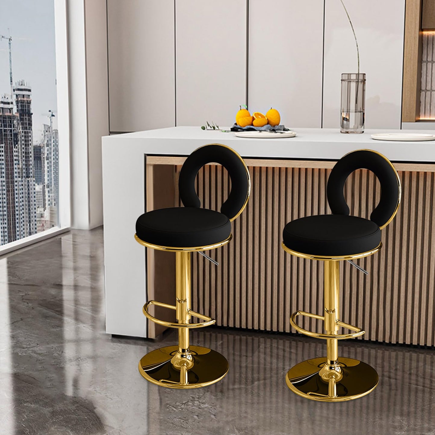 Adjustable Stool with Faux PU Leather for Kitchen Gold Chairs- of 1 (Black Set of 2)