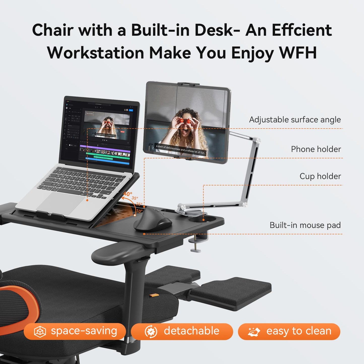 Newtral Ergonomic Office Chair - Home Office Desk Chair with Auto-Following Lumbar Support, 4D Armrest, Seat Depth and Height Adjustable (Black, Footrest + Laptop Tray)