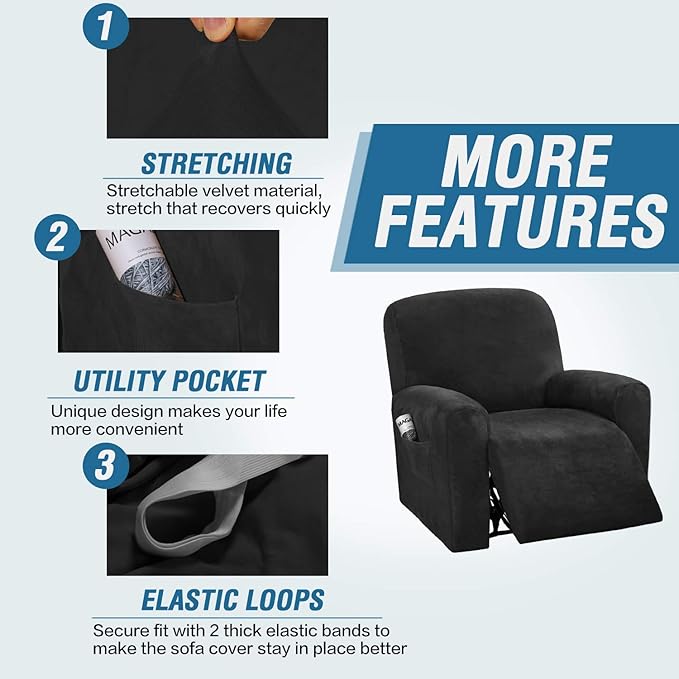 H.VERSAILTEX Velvet Stretch Recliner Couch Covers 4-Pieces Style Recliner Chair