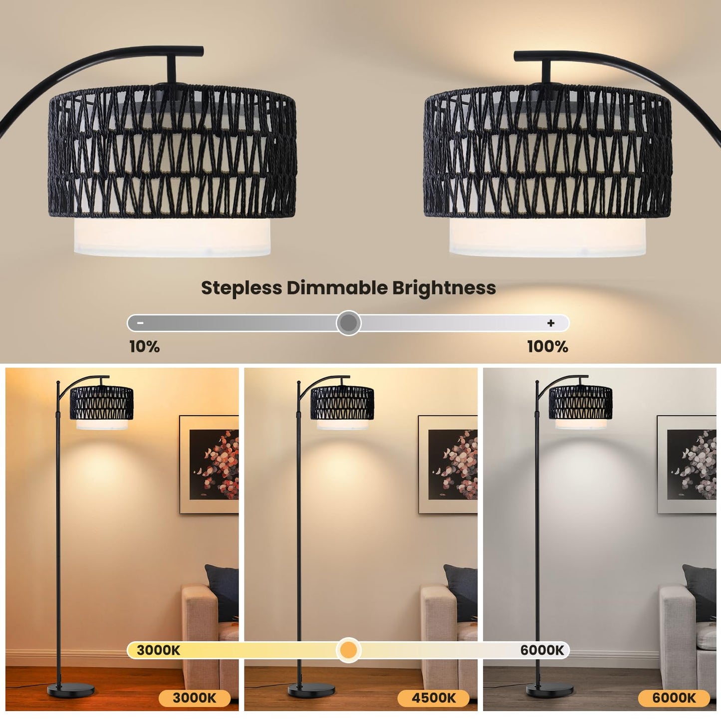 Yusist Arc Floor Lamp for Living Room,Farmhouse Floor Lamps with Remote Control & Dimmable Bulb,Black Rattan Boho Tall Standing Lamp for Bedroom Office