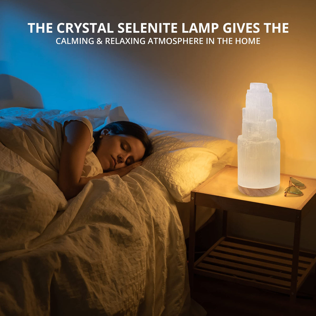 Salt 84 Selenite Crystal Lamp, 20 cm Tall, High Energy Skyscraper Lamp with Wooden Base & USB Charging Cable, ETL Certified, Hand Curved Selenite for Spiritual Protection and Therapy