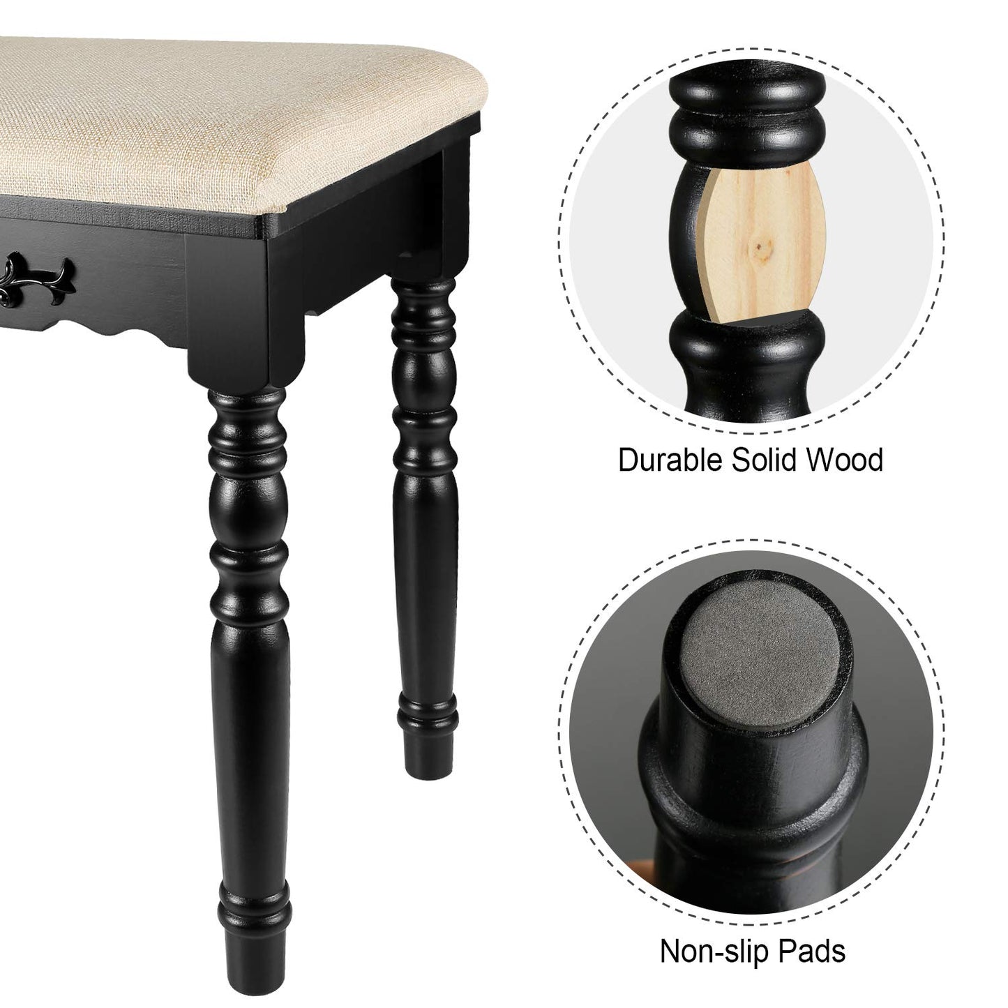 URFORESTIC Oak Wood Vanity Stool, Modern Makeup Dressing Stool with Concave Seat Surface,Capacity 300lb, Easy Assembly (Black)
