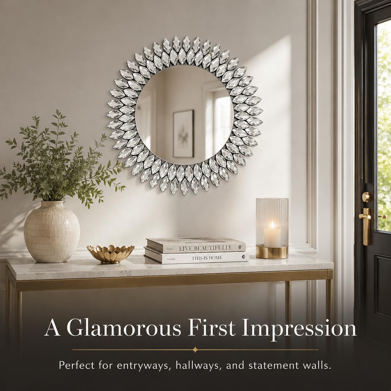HMANGE Jeweled Luxury Crystal Diamond Round Wall Mirror, 24"x24" Decorative Wall Mirror, Crystal Vanity Mirror for Bathroom, Entryway, Living Room & Fireplace Decor